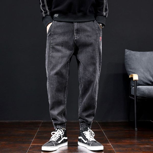 men's jeans japanese style fashion men black color loose fit big size 42 slack bottom jogger side stripe patch harem pants, Blue